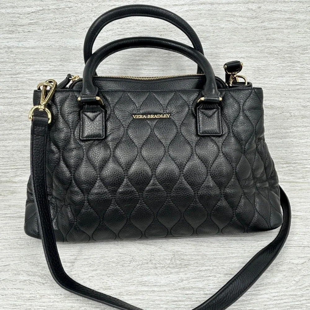 Vera Bradley Black Quilted Emma Leather Satchel Crossbody Bag Floral